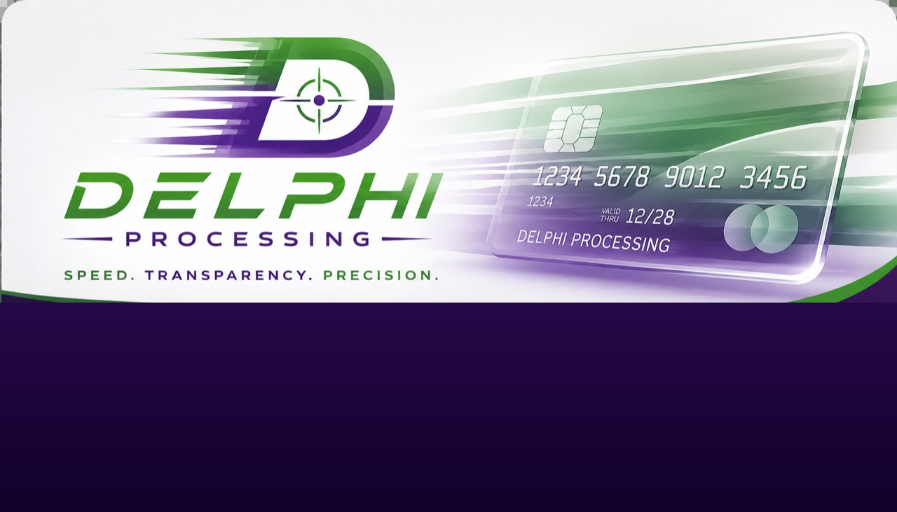 Delphi Processing brand artwork with transparent payment card